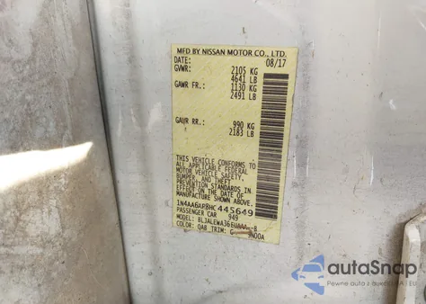 2017 Nissan Maxima 3.5 Sl z USA, uszkodzony, nr VIN 1N4AA6AP8HC445649